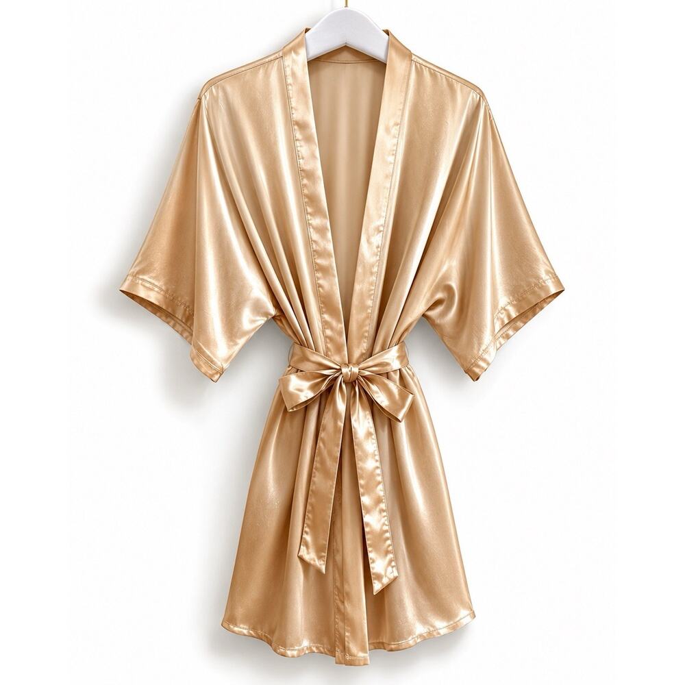 Vintage Y2K Zexxy Champagne Satin Kimono Robe Belted Short Sleeve Loungewear M